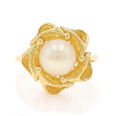 Yellow Gold Akoya Pearl Flower Cocktail Solitaire Ring 18k Blossom
