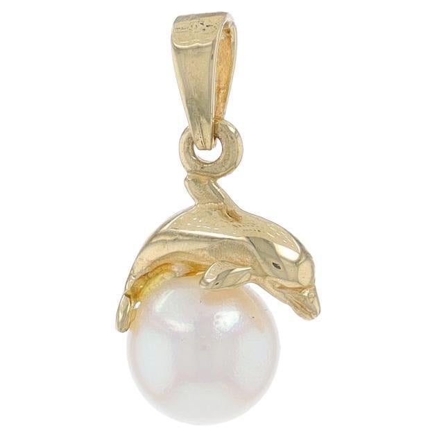 Yellow Gold Akoya Pearl Playful Dolphin Solitaire Pendant - 14k Ocean Life For Sale