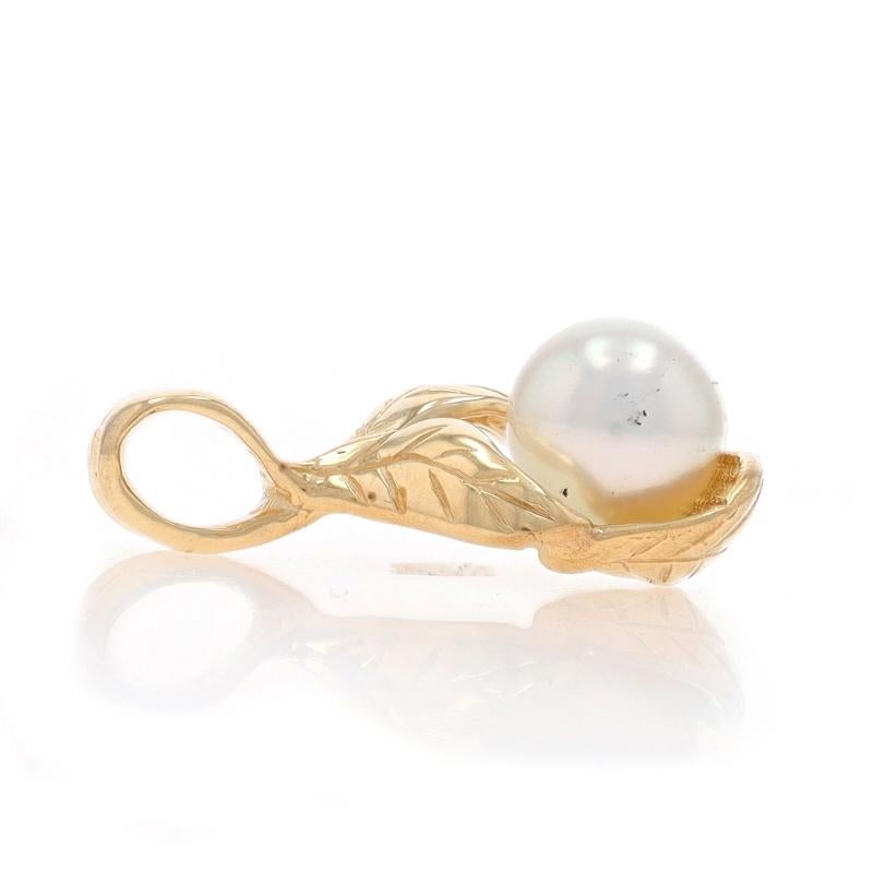 Bead Yellow Gold Akoya Pearl Solitaire Pendant - 10k Leaves For Sale