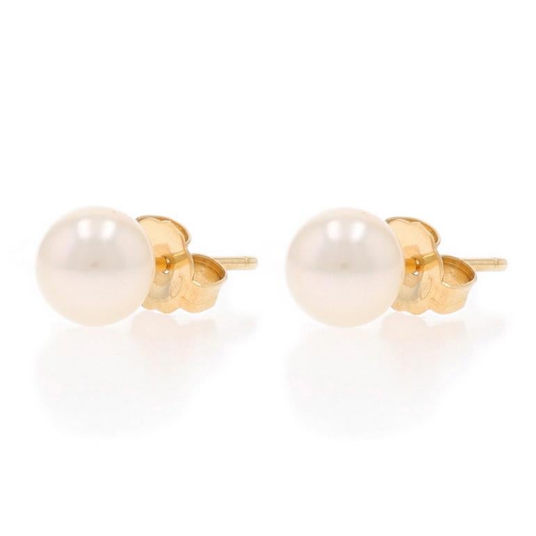 Bead Yellow Gold Akoya Pearl Stud Earrings - 14k Pierced For Sale