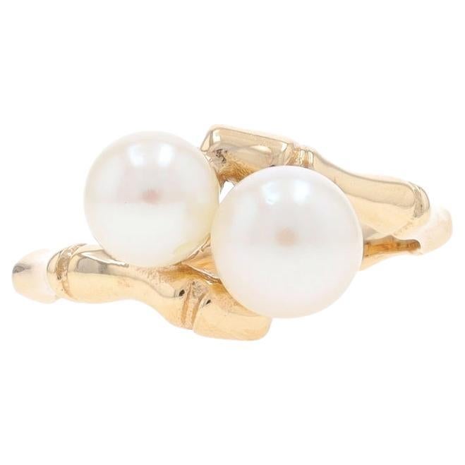 Yellow Gold Akoya Pearl Two-Stone Bypass Ring - 14k Bamboo Size 7 For Sale