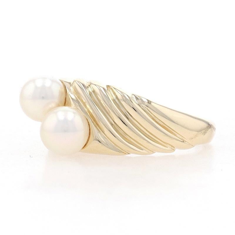 Bead Yellow Gold Akoya Pearl Two-Stone Ring - 14k Ribbed For Sale