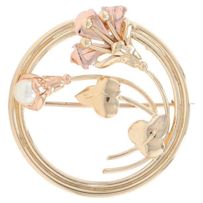 Yellow Gold Akoya Pearl Vintage Flower Brooch, 14k Circle Swirl Pin