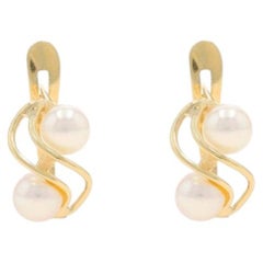 Yellow Gold Akoya Pearl Wave Two-Stone Drop Earrings - 14k Beads Pierced