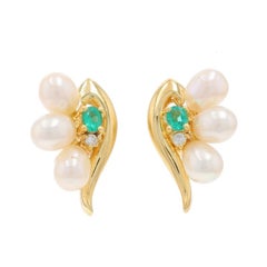 Yellow Gold Akoya Pearls Emerald Diamond Short Earrings - 18k .19ctw Pierced