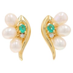 Yellow Gold Akoya Pearls Emerald Diamond Short Earrings - 18k .19ctw Pierced