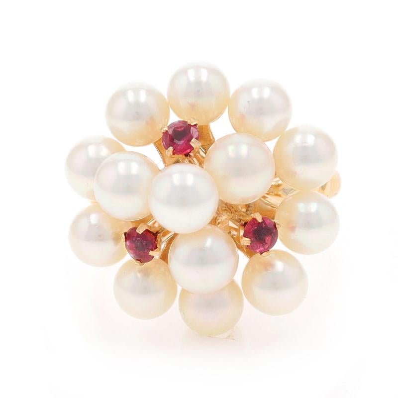 Size: 6 1/4
Sizing Fee: Up 1 size for $40 or Down 1 size for $40

Metal Content: 14k Yellow Gold

Stone Information

Cultured Akoya Pearls

Natural Rubies
Treatment: Heating
Carat(s): .24ctw
Cut: Round

Total Carats: .24ctw

Style: Cluster