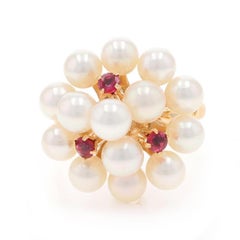 Yellow Gold Akoya Pearls Ruby Cluster Cocktail Ring 14k .24ctw