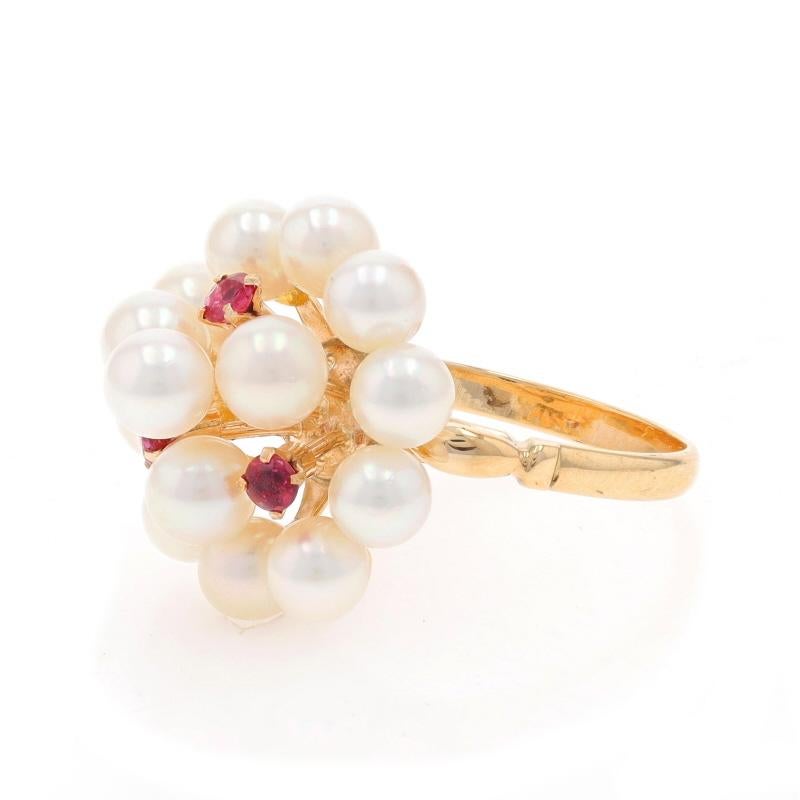 Yellow Gold Akoya Pearls Ruby Cluster Cocktail Ring 14k .24ctw In Excellent Condition For Sale In Greensboro, NC