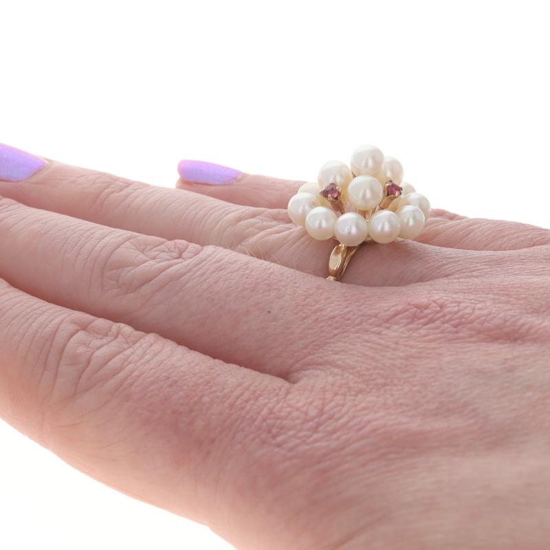 Women's Yellow Gold Akoya Pearls Ruby Cluster Cocktail Ring 14k .24ctw For Sale