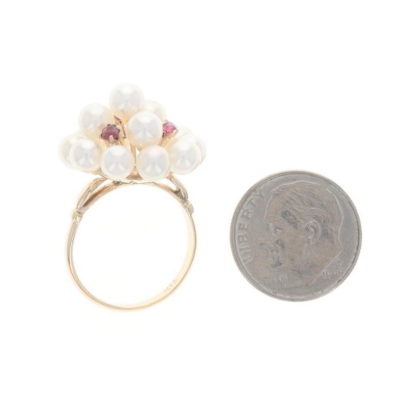 Yellow Gold Akoya Pearls Ruby Cluster Cocktail Ring 14k .24ctw For Sale 1