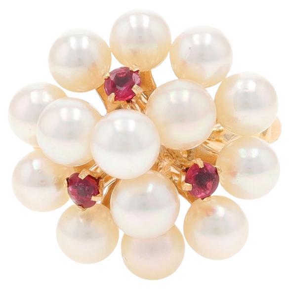 Bague cocktail en or jaune avec perles Akoya et rubis 14k .24ctw
