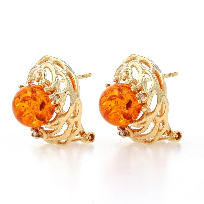 Round Cut Yellow Gold Amber & Diamond Large Stud Earrings - 14k Rnd Cabochon .10ctw Floral For Sale