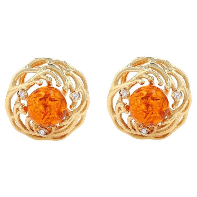 Yellow Gold Amber & Diamond Large Stud Earrings - 14k Rnd Cabochon .10ctw Floral For Sale