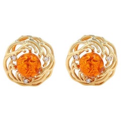 Yellow Gold Amber & Diamond Large Stud Earrings - 14k Rnd Cabochon .10ctw Floral