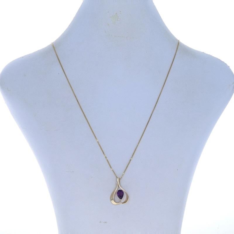 Metal Content: 14k Yellow Gold

Stone Information
Natural Amethyst
Carat(s): .85ct
Cut: Step Cut Pear
Color: Purple

Total Carats: .85ct

Style: Solitaire
Chain Style: Box
Necklace Style: Chain
Fastening Type: Spring Ring Clasp
Theme: Abstract,