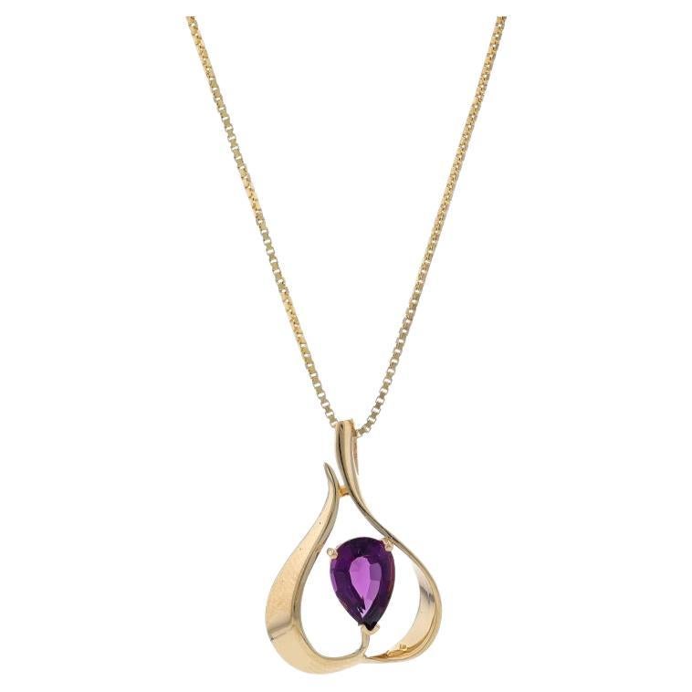 Yellow Gold Amethyst Abstract Solitaire Necklace 20 1/2" - 14k Pear .85ct Leaf For Sale