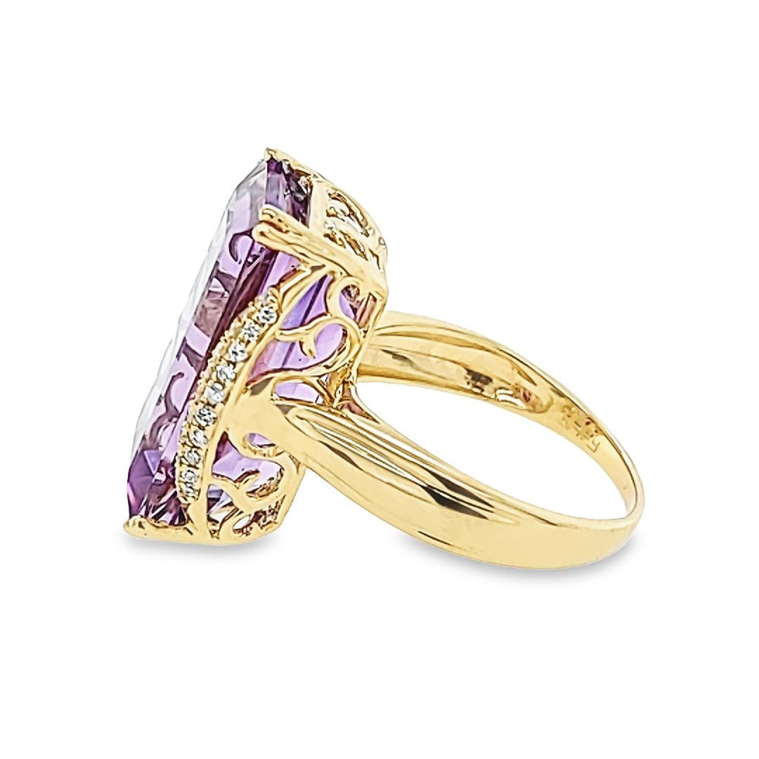 Baguette Cut Yellow Gold, Amethyst, and Diamond Cocktail Ring For Sale