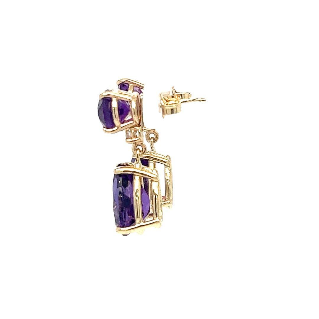 Women's Yellow Gold Amethyst and Diamond Dangle Drop Earrings For Sale