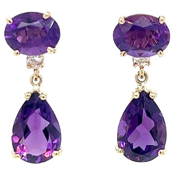 Yellow Gold Amethyst and Diamond Dangle Drop Earrings For Sale