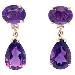 Yellow Gold Amethyst and Diamond Dangle Drop Earrings