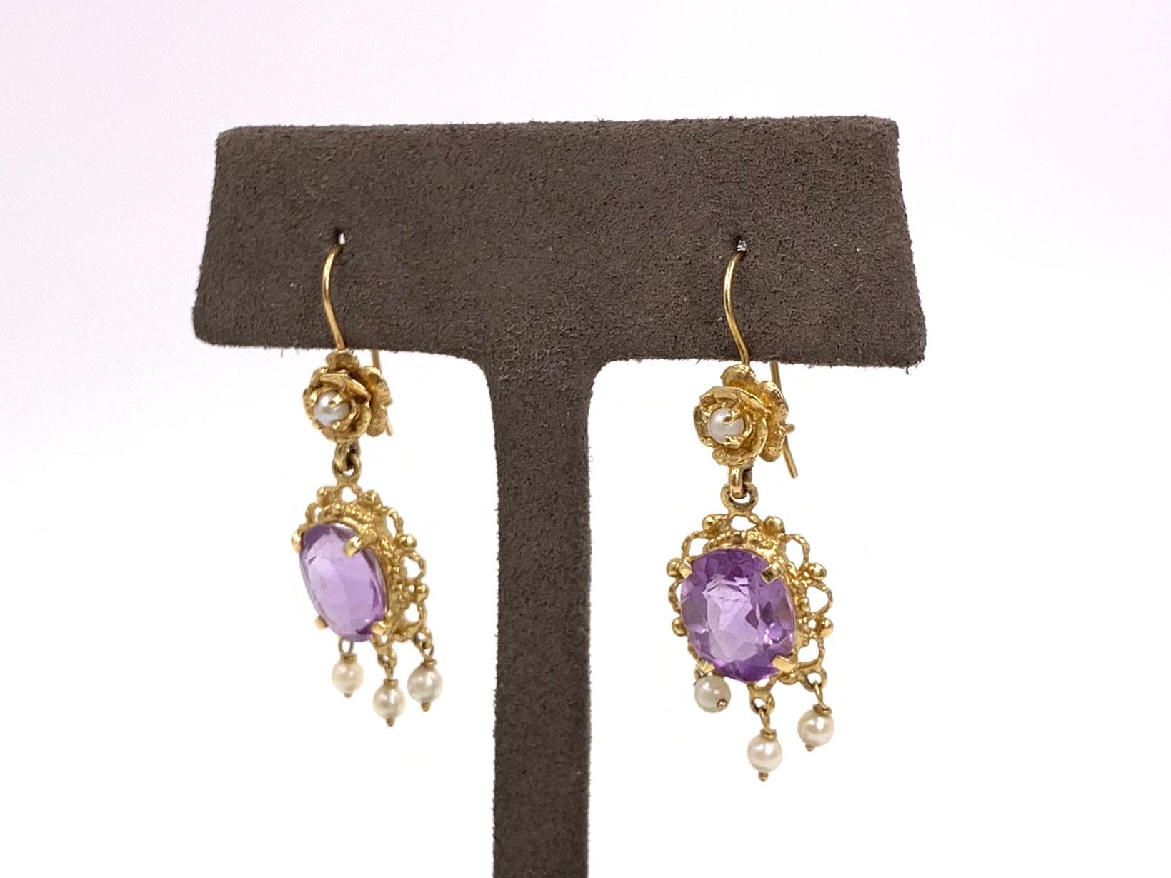 Victorian Yellow Gold Amethyst and Pearl Drop Earrings