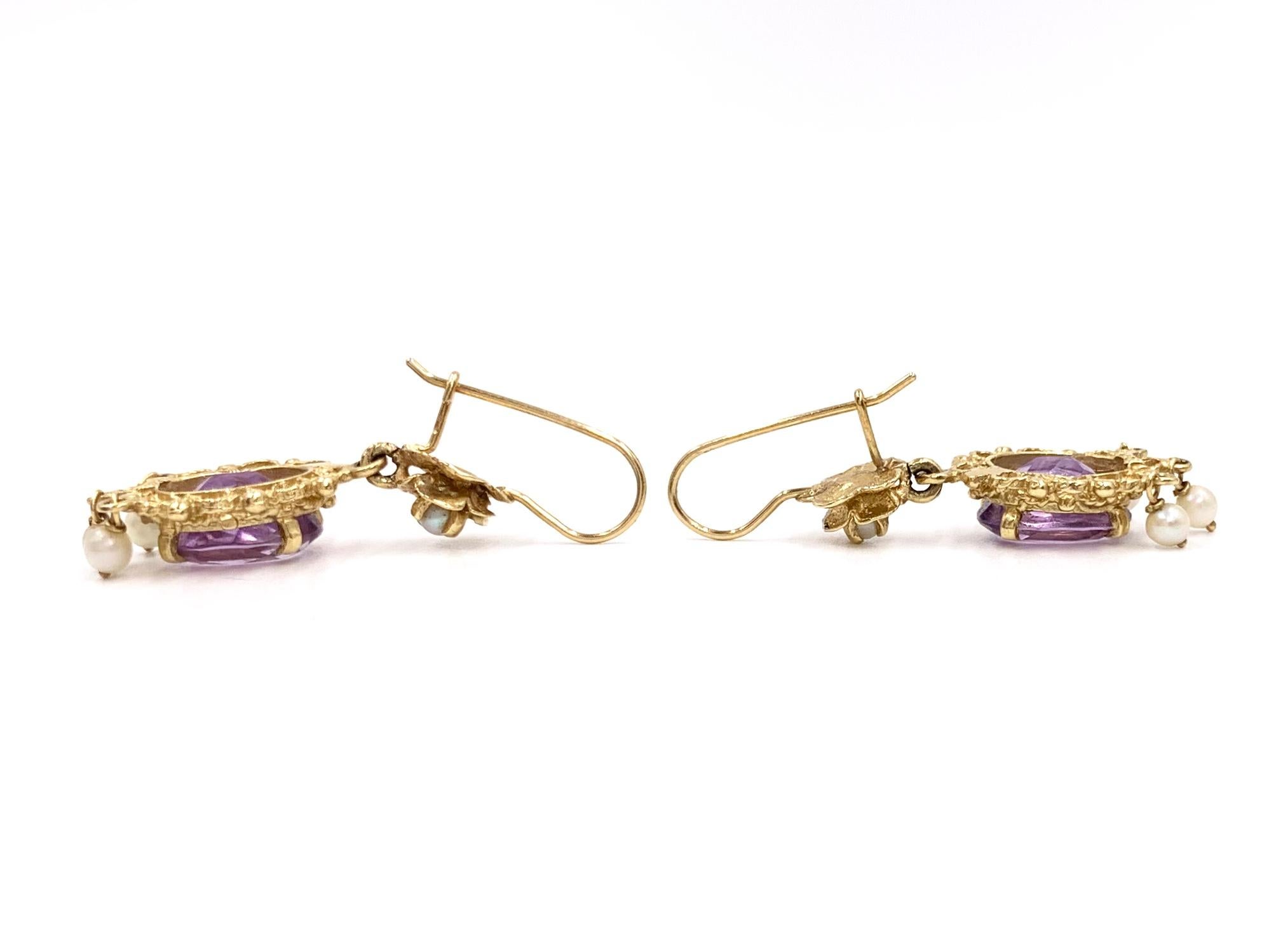 Oval Cut Yellow Gold Amethyst and Pearl Drop Earrings