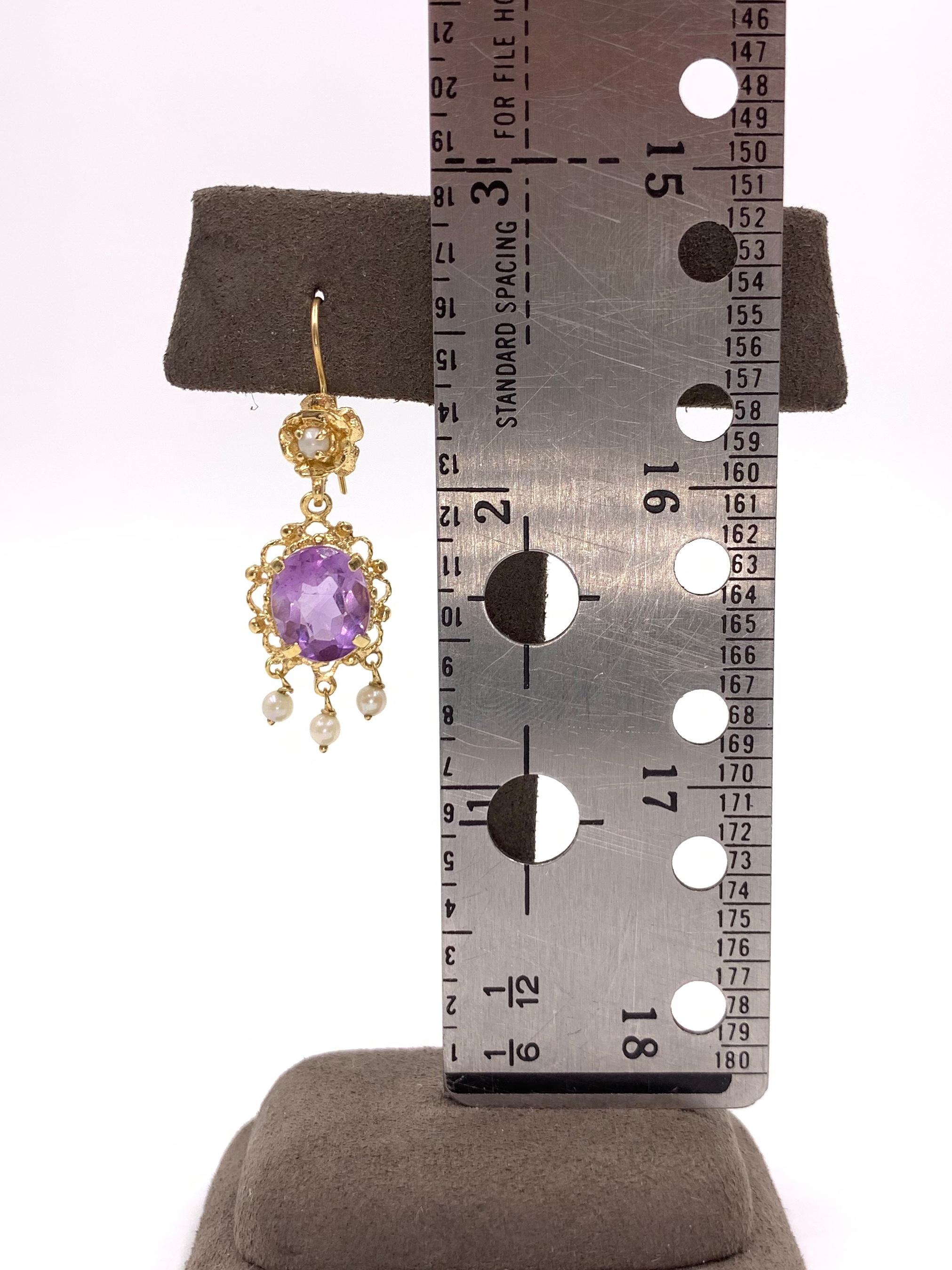 Yellow Gold Amethyst and Pearl Drop Earrings In Good Condition In Pikesville, MD