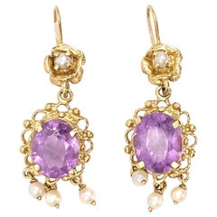 Vintage Yellow Gold Amethyst and Pearl Drop Earrings
