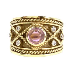 Yellow Gold Amethyst and White Diamond Wide Ring