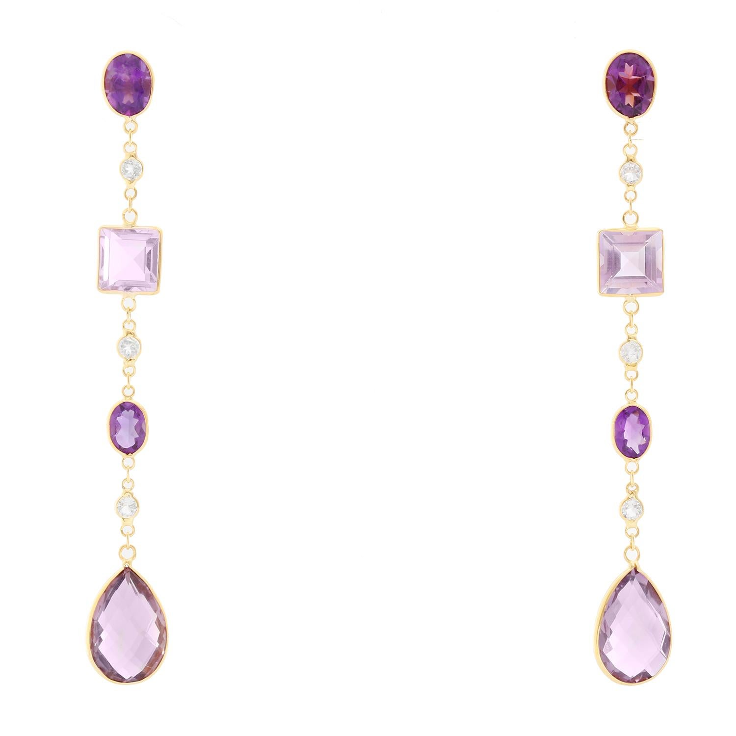 Yellow Gold Amethyst and White Topaz Dangle Earrings - New with DeMesy box. Total length 3 inches. Total weight 5.1.