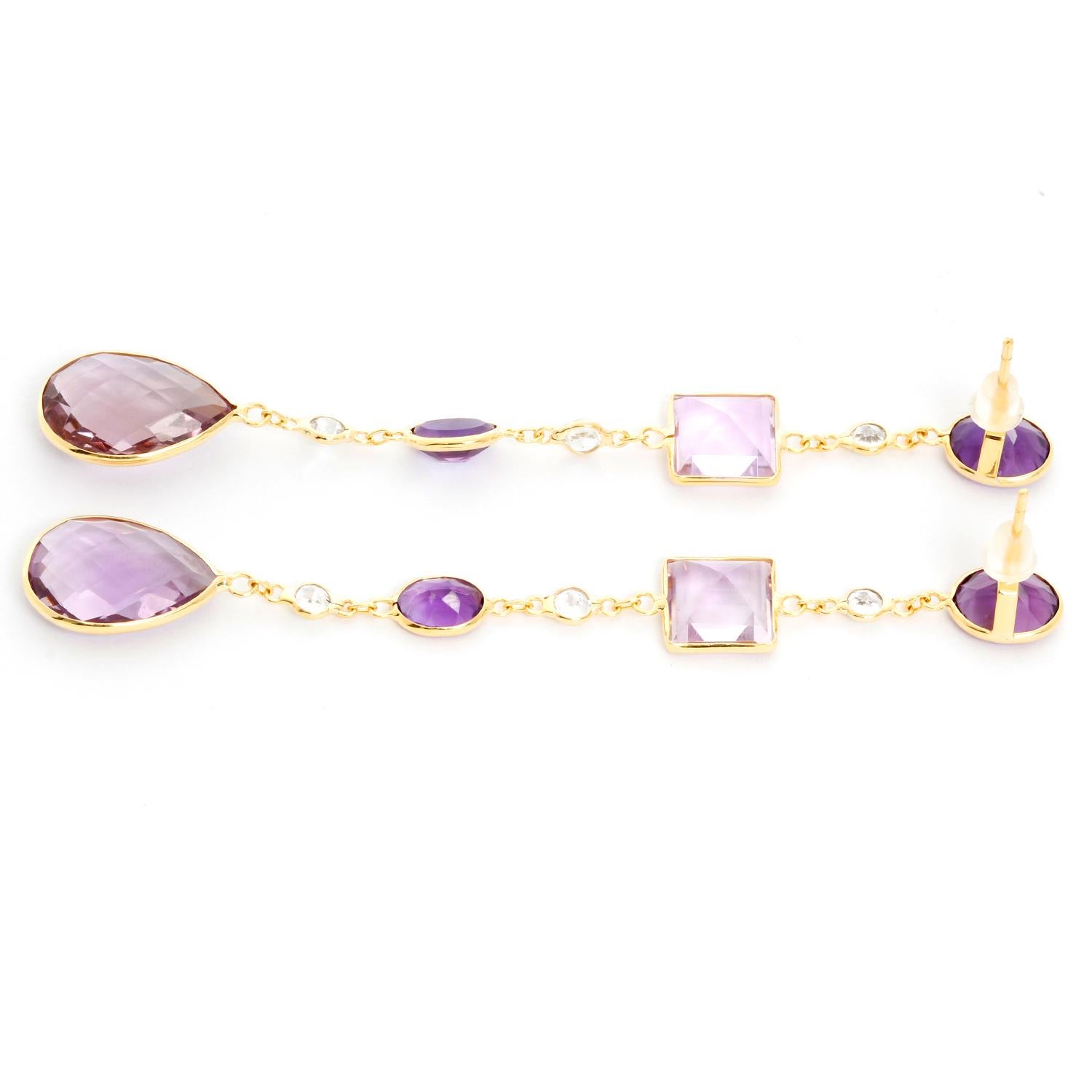 Yellow Gold Amethyst and White Topaz Dangle Earrings In New Condition In Dallas, TX
