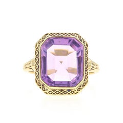 Yellow Gold Amethyst Art Deco Cocktail Solitaire Ring 14k Emerald 4.30ct Vintage