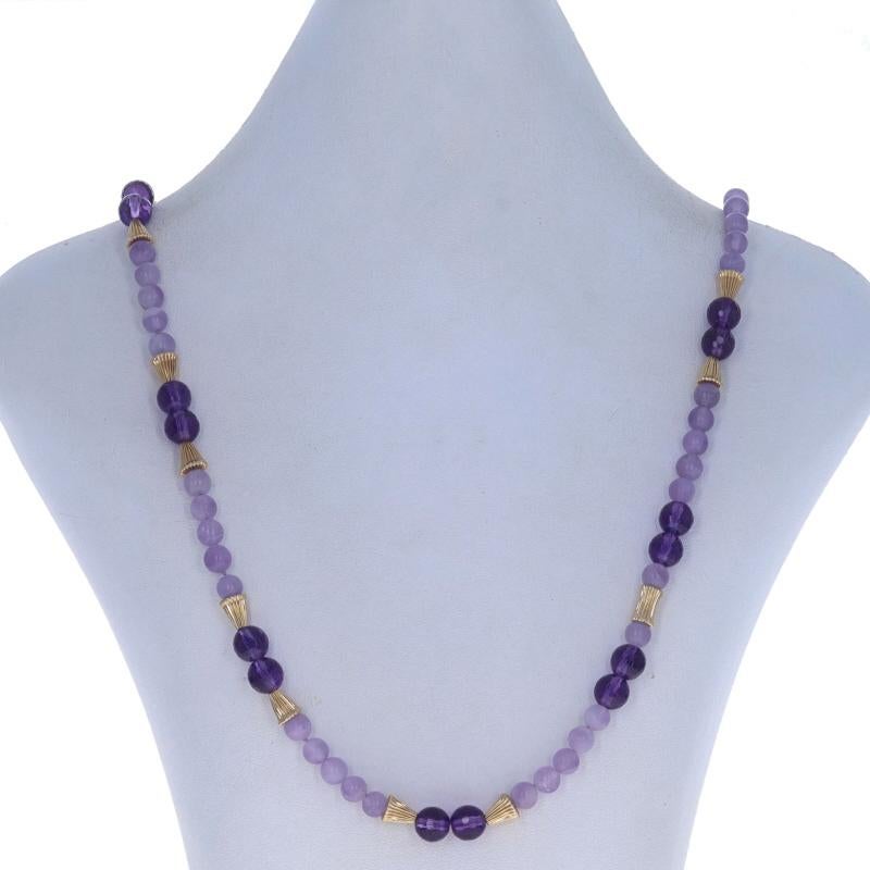 Metal Content: 14k Yellow Gold

Stone Information

Natural Amethysts
Cut: Bead & Faceted Bead
Color: Purple

Style: Beaded
Fastening Type: Tab Box Clasp with One Side Safety Clasp
Features: Milgrain Filigree Clasp

Measurements

Length: 29