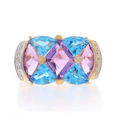 Yellow Gold Amethyst Blue Topaz Diamond Ring 14k Triangle & Lozenge 5.20ctw Sz6