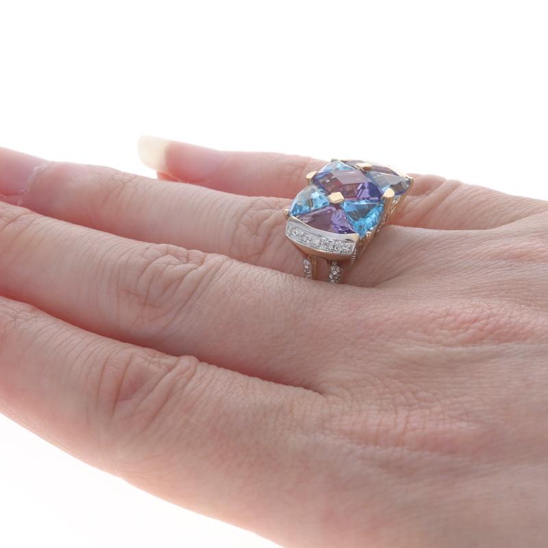 Bague en or jaune Améthyste Topaze bleue Diamant 14k Triangle et losange 5.20ctw Sz6 Excellent état - En vente à Greensboro, NC