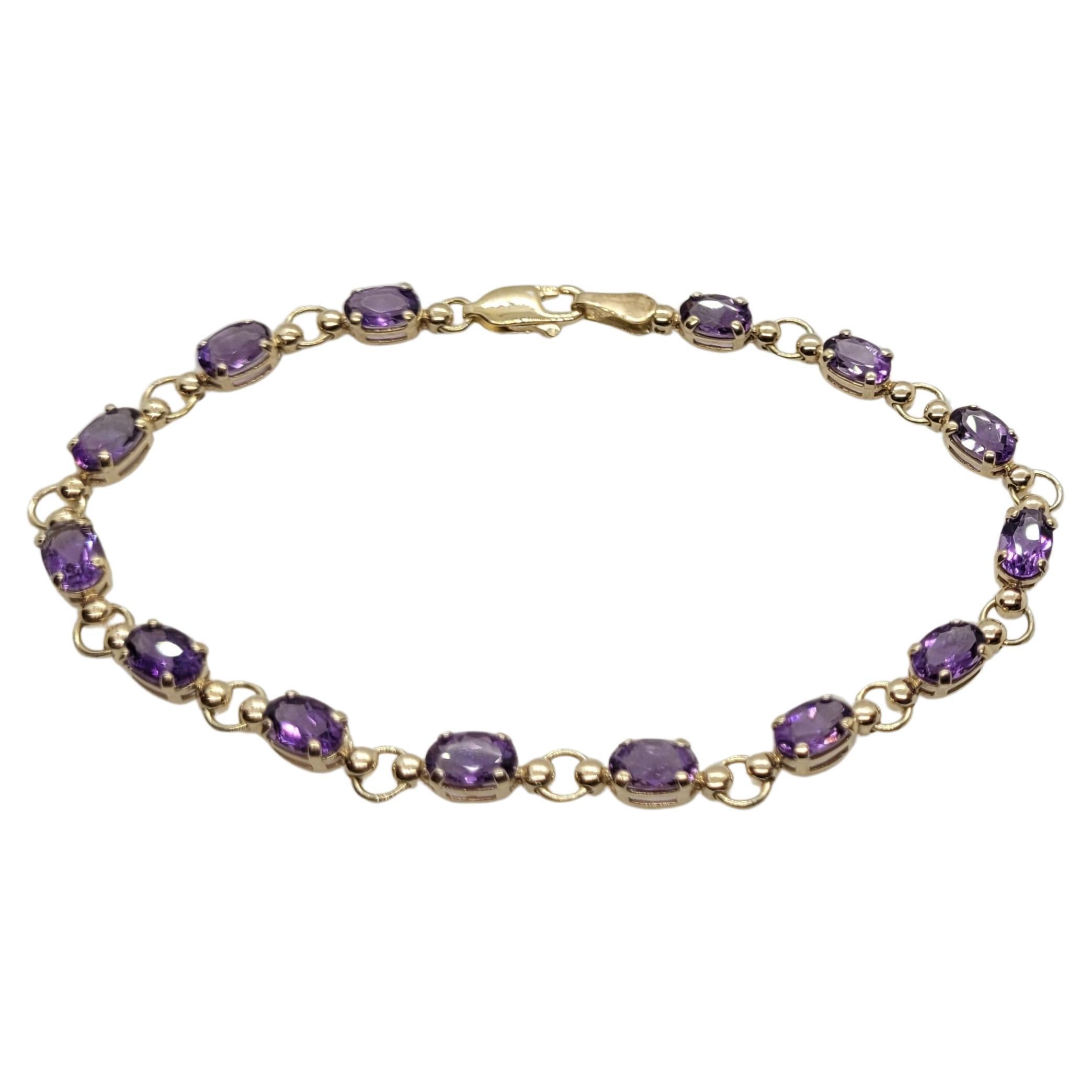 Yellow Gold Amethyst Bracelet, 6 x 4 mm Oval Amethyst, 10kt Gold, 7.25 Inches For Sale