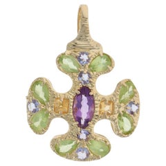 Yellow Gold Amethyst Citrine Peridot Cross Pendant - 14k Marquise 3.18ctw Faith