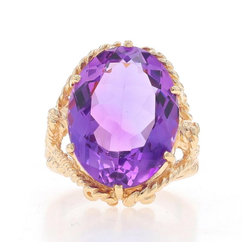 Size: 8
Sizing Fee: Up 3 sizes for $40 or Down 2 sizes for $30

Metal Content: 10k Yellow Gold

Stone Information

Natural Amethyst
Carat(s): 11.86ct
Cut: Oval
Color: Purple

Total Carats: 11.86ct

Style: Cocktail Solitaire
Features: Rope-Textured
