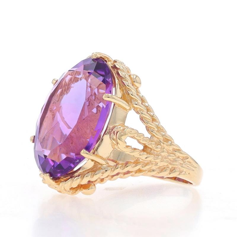 Yellow Gold Amethyst Cocktail Solitaire Ring - 10k Oval 11.86ct In Excellent Condition For Sale In Greensboro, NC
