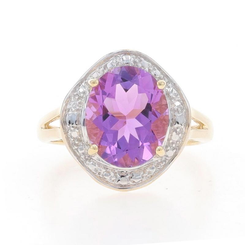 Size: 6
Sizing Fee: Up 2 sizes for $35 or Down 2 sizes for $25

Metal Content: 10k Yellow Gold & 10k White Gold

Stone Information

Natural Amethyst
Carat(s): 3.20ctw
Cut: Oval
Color: Purple

Total Carats: 3.20ct

Style: Cocktail Solitaire
Features: