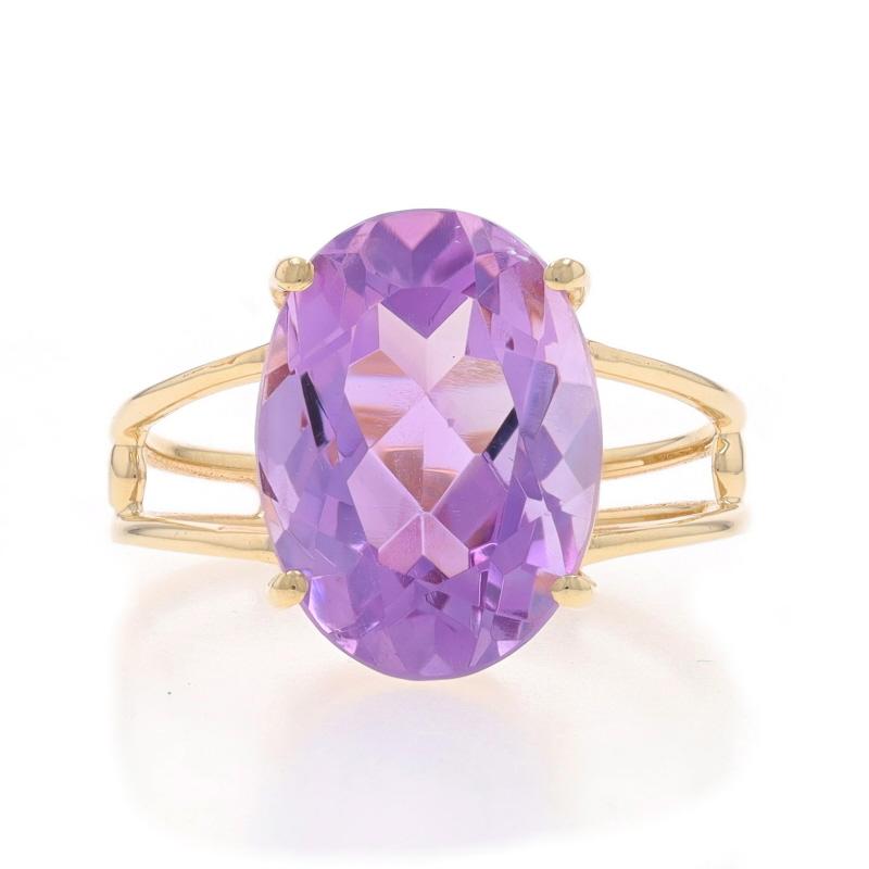 Size: 6 1/2
Sizing Fee: Up 1 size for $30 or Down 1/2 a size for $30

Metal Content: 10k Yellow Gold

Stone Information

Natural Amethyst
Carat(s): 4.70ct
Cut: Oval
Color: Purple

Total Carats: 4.70ct

Style: Cocktail Solitaire
Features: Split