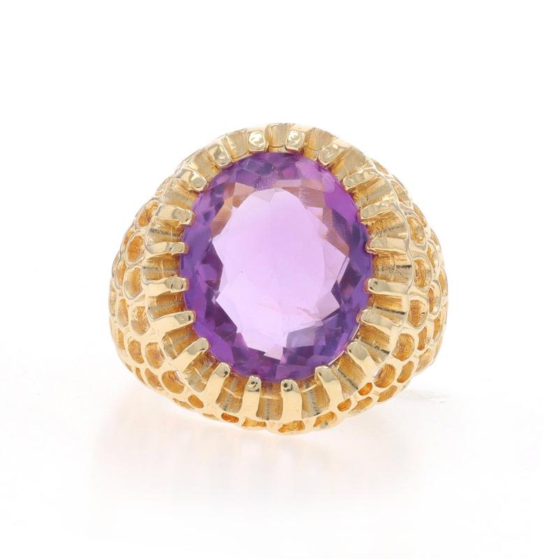 Size: 7 1/2

Metal Content: 14k Yellow Gold

Stone Information

Natural Amethyst
Carat(s): 5.18ct
Cut: Oval
Color: Purple

Total Carats: 5.18ct

Style: Cocktail Solitaire
Theme: Floral
Features: Open Cut Detailing

Measurements

Face Height (north