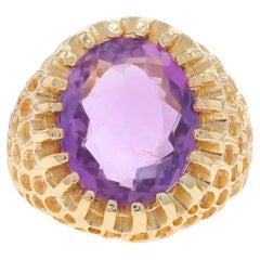 Yellow Gold Amethyst Cocktail Solitaire Ring - 14k Oval 5.18ct Floral