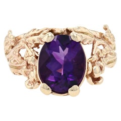 Yellow Gold Amethyst Cocktail Solitaire Ring, 14k Oval Cut 2.27ct Floral