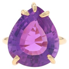 Yellow Gold Amethyst Cocktail Solitaire Ring - 14k Pear 12.75ct