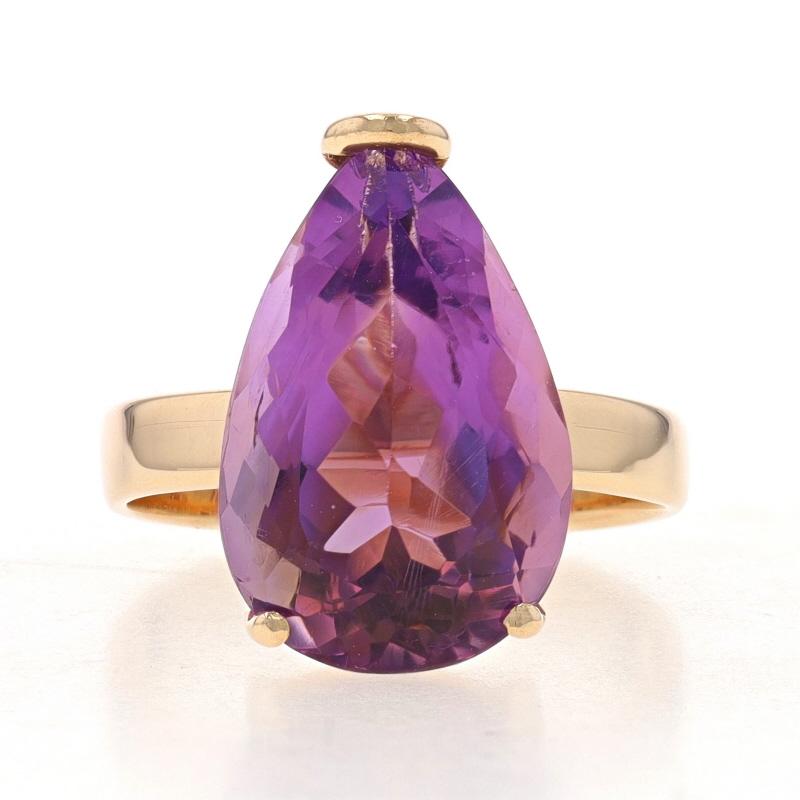 Size: 4 1/4
Sizing Fee: Up 2 sizes for $30 or Down 1 size for $30

Metal Content: 14k Yellow Gold

Stone Information
Natural Amethyst
Carat(s): 4.40ct
Cut: Pear
Color: Purple

Total Carats: 4.40ct

Style: Cocktail Solitaire

Measurements
Face Height