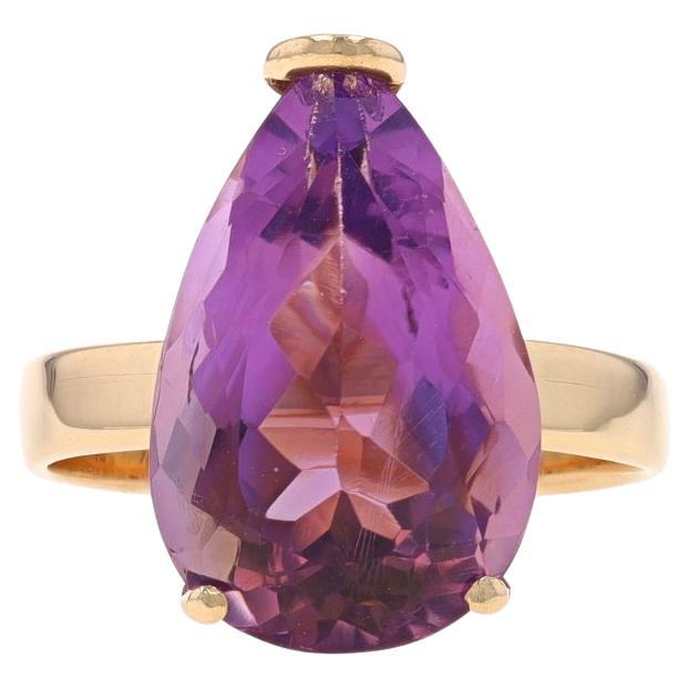 Yellow Gold Amethyst Cocktail Solitaire Ring - 14k Pear 4.40ct For Sale