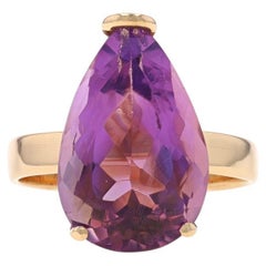 Yellow Gold Amethyst Cocktail Solitaire Ring - 14k Pear 4.40ct