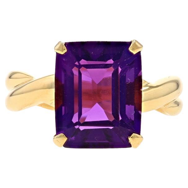 Yellow Gold Amethyst Cocktail Solitaire Ring - 18k Emerald Cut 4.50ct Sz 5 3/4 For Sale